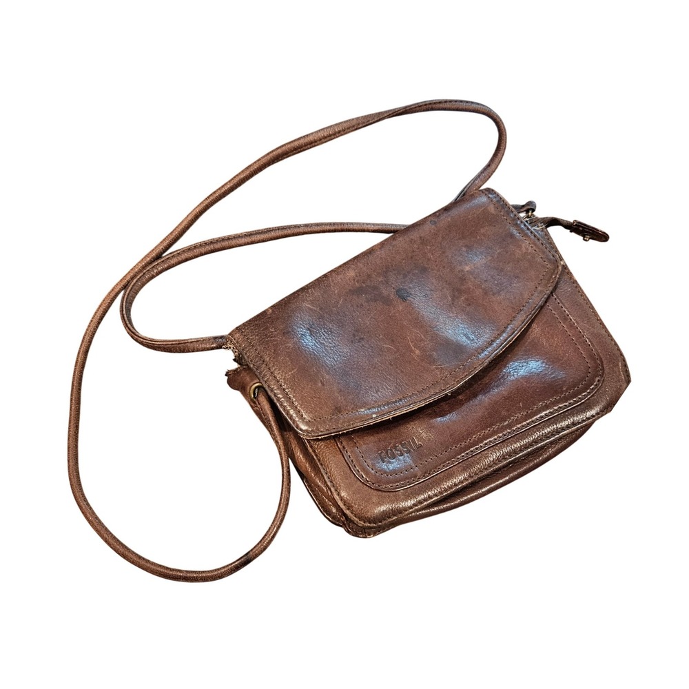 Fossil Leather Crossbody Bag Small Brown Flap Wallet Organizer Purse